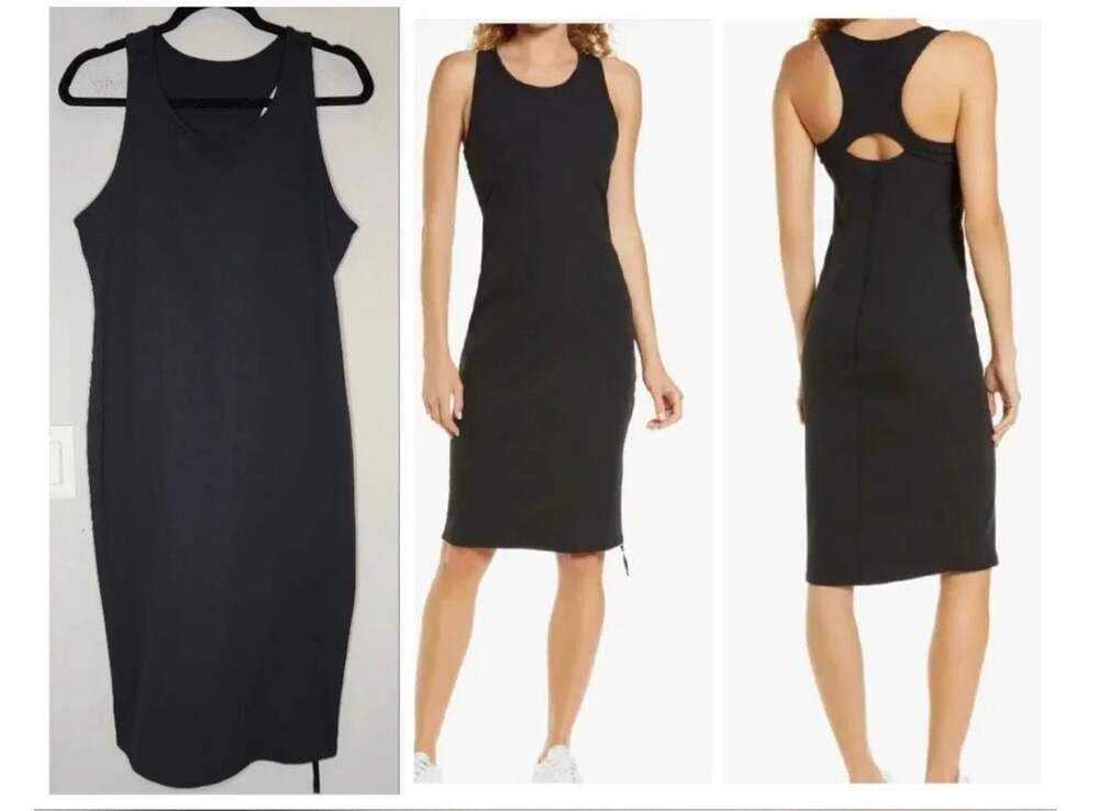 Zella Live In Rib Midi Tank Dress Black Sleeveless Racerback